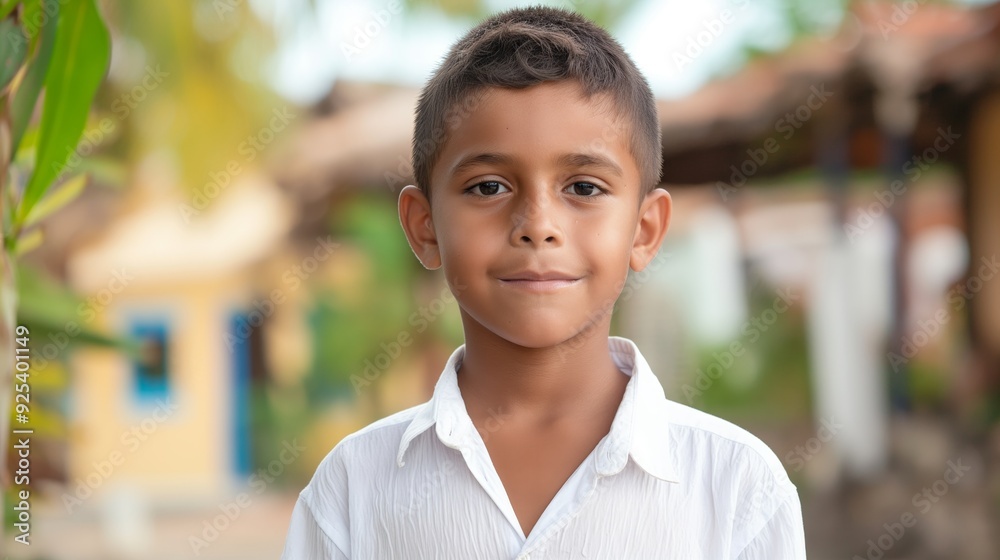 A young boy in a white shirt stands outdoors near a colorful house, smiling gently towards the camera amidst a vibrant surrounding. A young boy in a white shirt stands outdoors near a colorful house, smiling gently towards the camera amidst a vibrant surrounding.