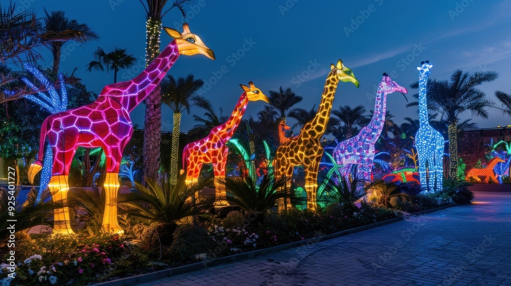 Illuminated Giraffe Sculptures at Night Illuminated Giraffe Sculptures at Night