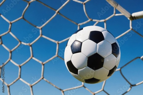 Soccer ball in goal on blue background