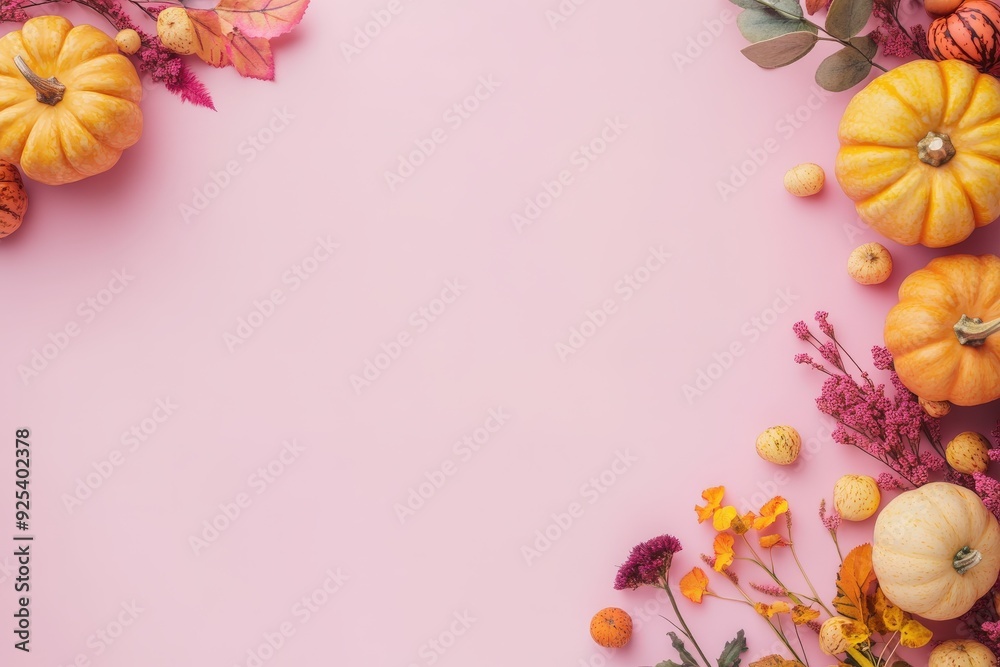 Fototapeta premium Autumn flowers and pumpkins arranged on a soft pastel background
