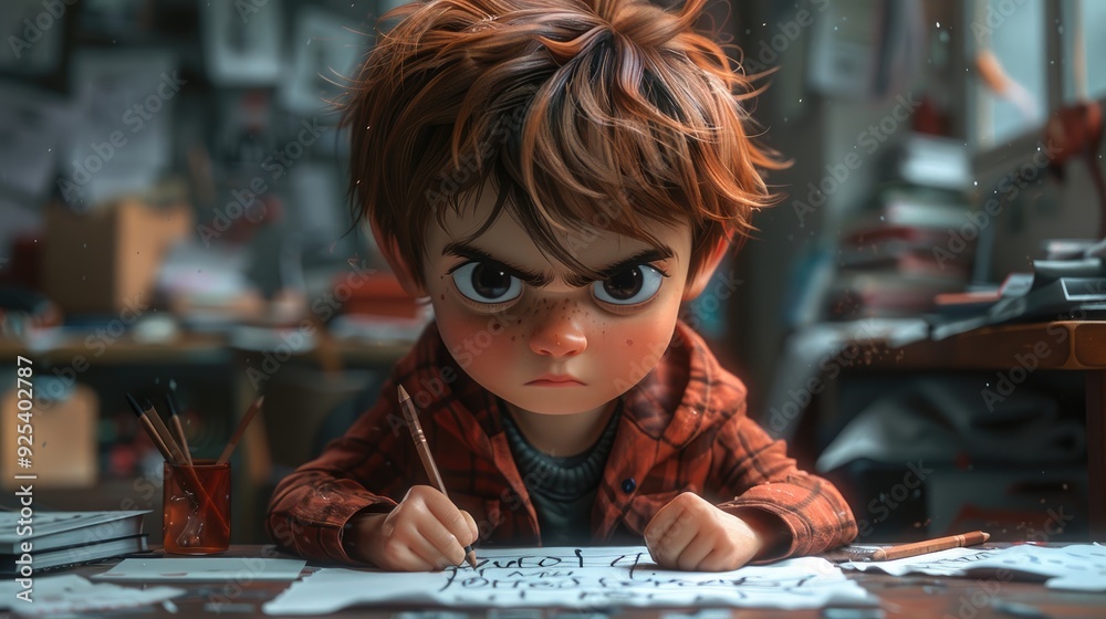 Fototapeta premium An animated young boy, with an intense expression, focuses on drawing with a pencil in a creative, cluttered room, perfectly capturing the essence of youthful creativity and determination.