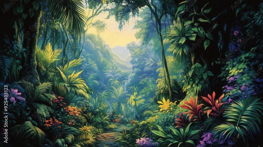 Naklejka premium A vibrant jungle scene with diverse flora, creating a serene, natural environment.