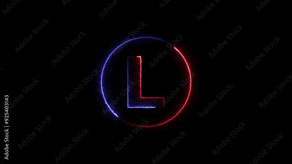 Abstract neon light L text animation ,blue and red color text . Abstract glowing neon line skip left icon animation. Abstract neon light L text animation ,blue and red color text . Abstract glowing neon line skip left icon animation.