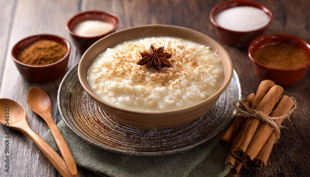 A creamy rice pudding with cinnamon and sugar A creamy rice pudding with cinnamon and sugar