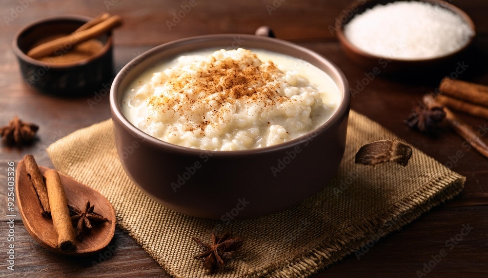 A creamy rice pudding with cinnamon and sugar A creamy rice pudding with cinnamon and sugar