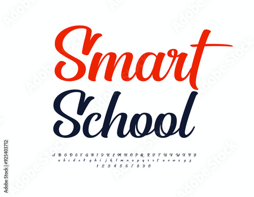 Vector educational logo Smart School. Trendy Cursive Font. Calligraphic Alphabet Letters and Numbers set.