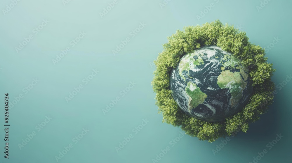 Fototapeta premium Earth Surrounded by Lush Green Trees on Blue Background 