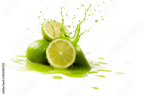 Explosão de sabor! Limão verde fresco em um splash de suco, rico em vitamina C e antioxidantes. Perfeito para projetos vibrantes e refrescantes. Imagem PNG
