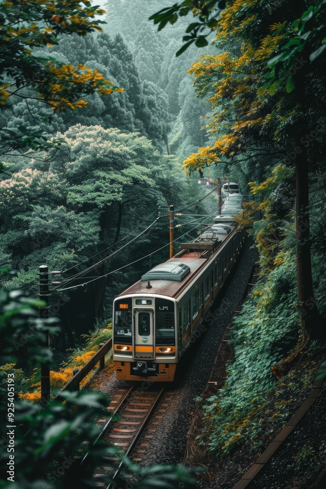 Naklejka premium Scenic Railway Line through Forested Hills Emphasizing Eco-Friendly Travel and Nature Exploration