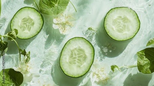 Fresh Cucumber Slices on a Green Background - Cucumber slices arranged on a green background, symbolizing natural beauty, hydration, freshness, and healthy living.