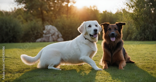 Golden retriever and german shepherd relaxing in a backyard at sunset