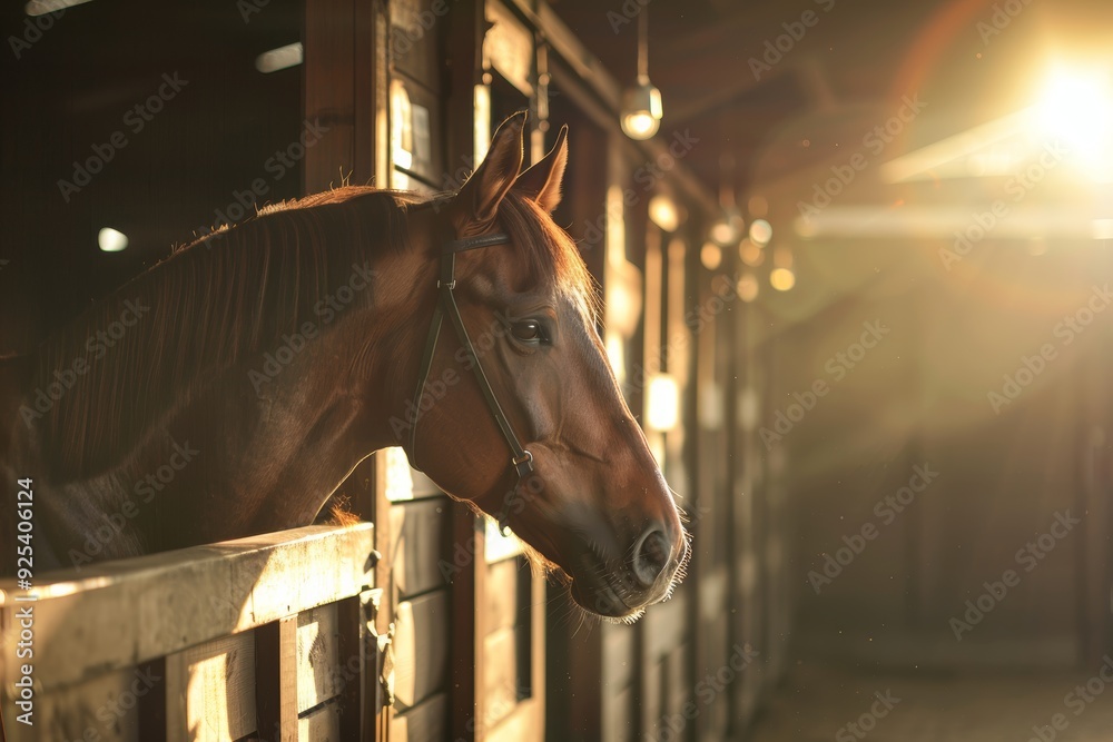 Fototapeta premium Serene Racehorse Resting in Stable - Equestrian, Calm, Noble Demeanor, Animal Photography