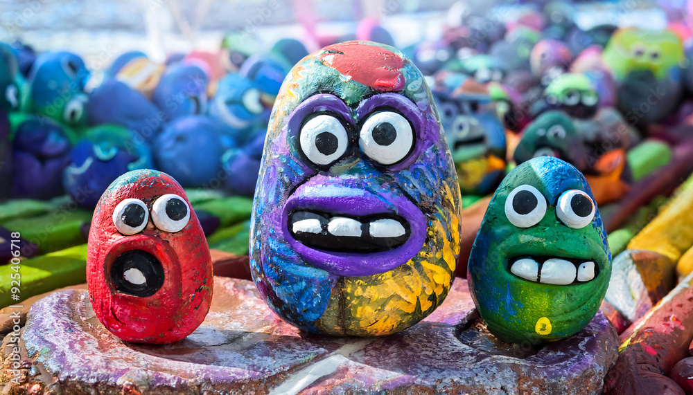 Fototapeta premium Painted stone monsters craft as a symbol for diversity.