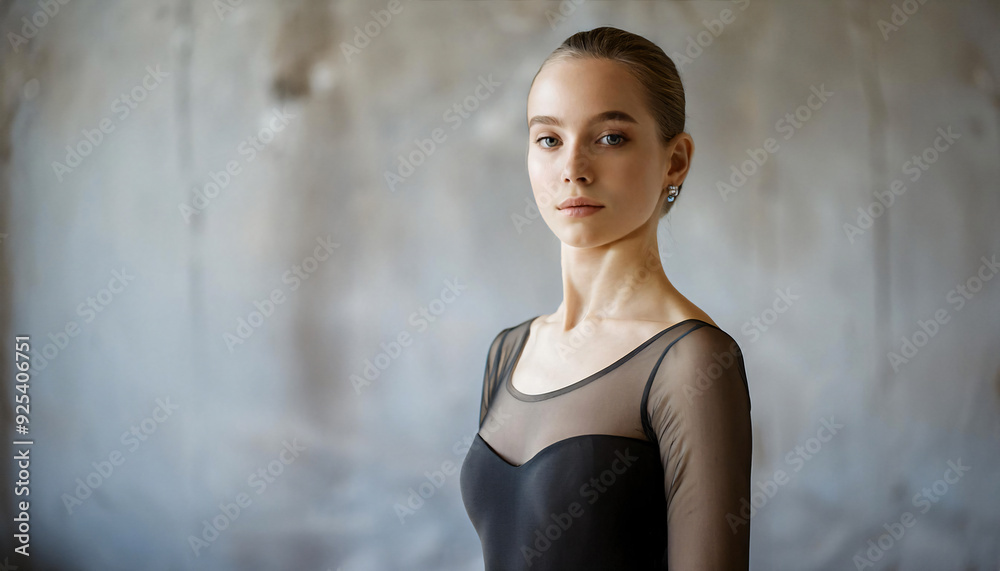 Portrait of Young ballerina in a concrete practice room. Cool, austere atmosphere. Portrait of Young ballerina in a concrete practice room. Cool, austere atmosphere.