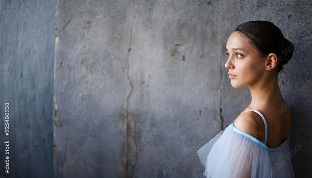 Portrait of Young ballerina in a concrete practice room. Cool, austere atmosphere. Portrait of Young ballerina in a concrete practice room. Cool, austere atmosphere.