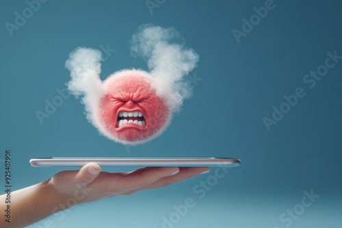 Frustrated User Feedback Concept. A 3D rendered angry emoji with steam coming out of its ears, displayed on a digital tablet,negative customer experiences, dissatisfaction, and poor service feedback.  photo