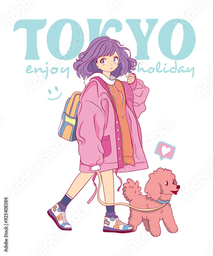Cute manga girl and toy poodle illustration.T shirt graphics for girls.Cool anime girl character.​Japanese style, Cute manga girl drawing.Korean vector girl child.Animal print.Tokyo slogan.Cute dog
