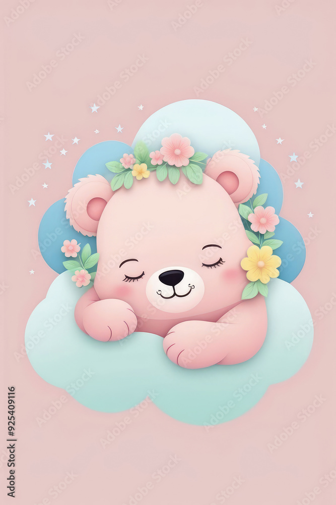 Cartoon funny adorable baby sleeping bear cub on the clouds. Cartoon funny adorable baby sleeping bear cub on the clouds.