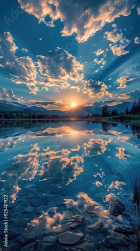 Night clouds reflecting over a tranquil lake at sunset photo