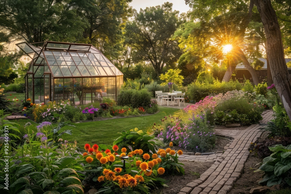 Serene Garden with Greenhouse at Sunset Serene Garden with Greenhouse at Sunset