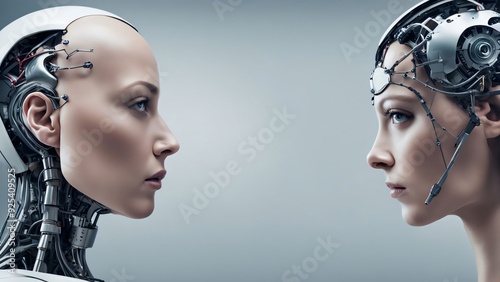 Woman opposite AI. The concept of confrontation between humanity and artificial intelligence. Machine vs human: AI robot and man facing each other.
