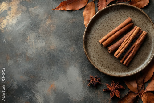 autumn cinnamon sticks arrangement on rustic background photo