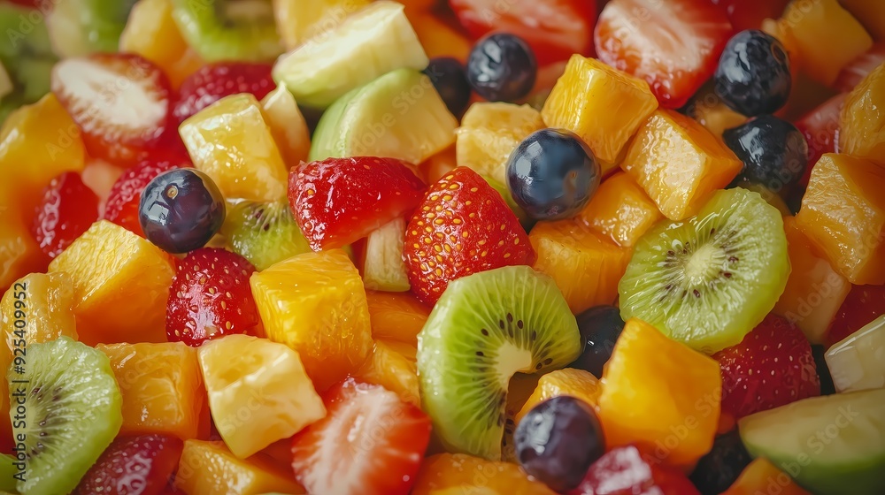 Close-up of a fruit salad with strawberries, kiwi, orange, and blueberries. Close-up of a fruit salad with strawberries, kiwi, orange, and blueberries.
