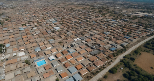 Drone showing swimming pool in middle of identical houses photo