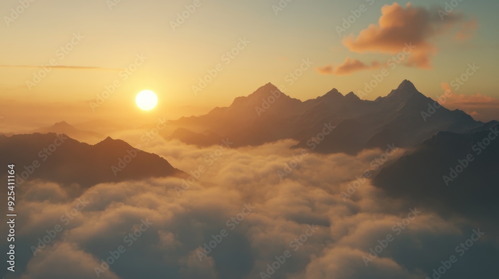 Foggy mountains at sunset under a colorful evening sky Foggy mountains at sunset under a colorful evening sky
