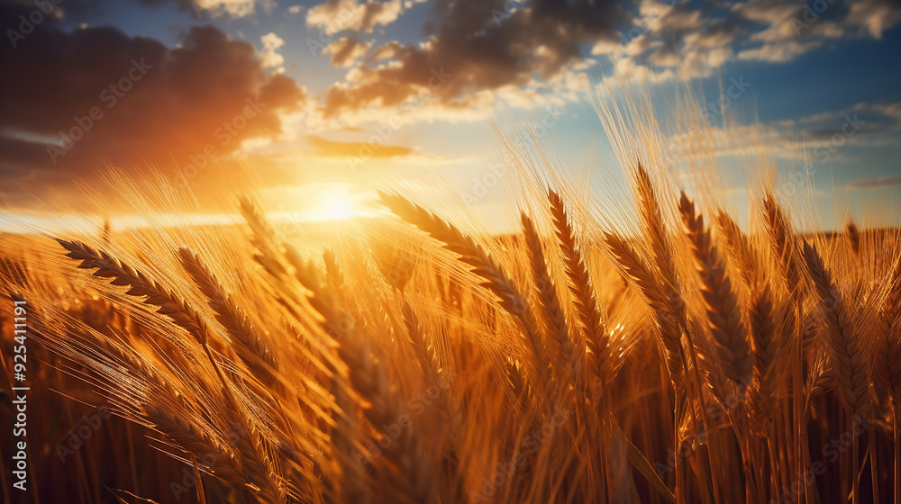 Golden wheat field under a bright sunset in the countryside Golden wheat field under a bright sunset in the countryside