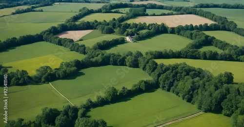 Aerial view of countryside with trees dividing the fields in spring