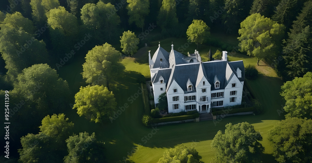 Naklejka premium Beautiful white castle surrounded by forest in summertime