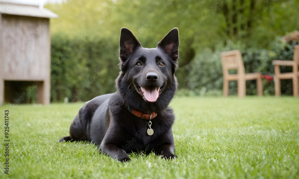Black german shepherd dog relaxing on the grass in a backyard Black german shepherd dog relaxing on the grass in a backyard