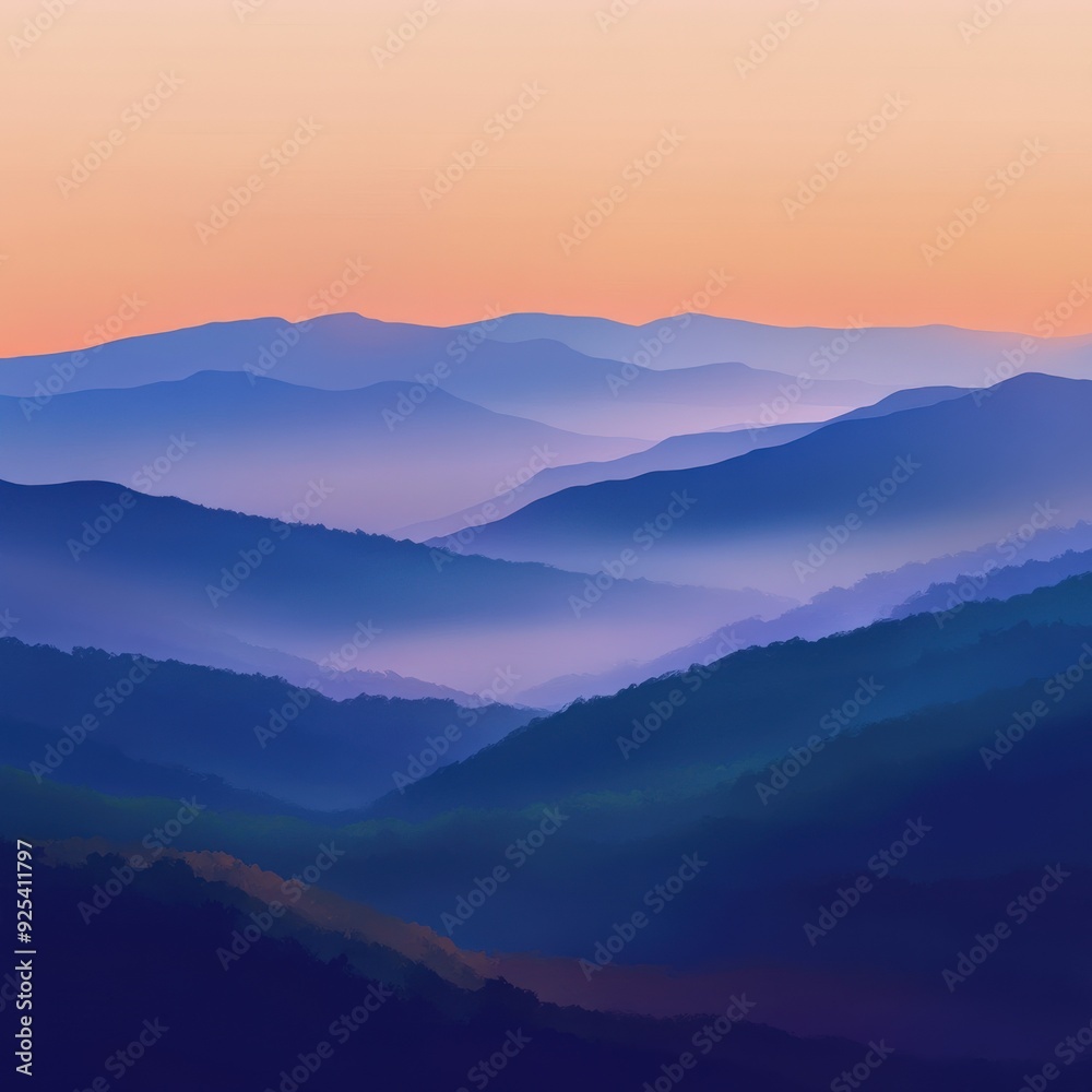 Foggy evening mountains at dusk with layered peaks Foggy evening mountains at dusk with layered peaks