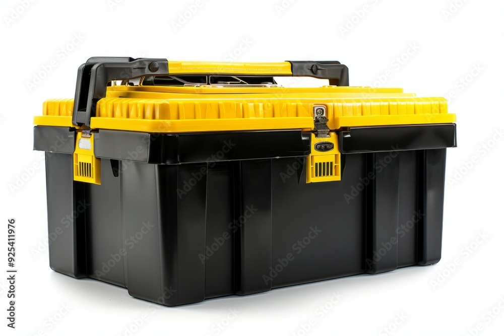 Black and yellow plastic toolbox with latch. Sturdy construction, great for household repairs. Modern and practical design. Essential for professionals and DIY enthusiasts. Generative AI Black and yellow plastic toolbox with latch. Sturdy construction, great for household repairs. Modern and practical design. Essential for professionals and DIY enthusiasts. Generative AI