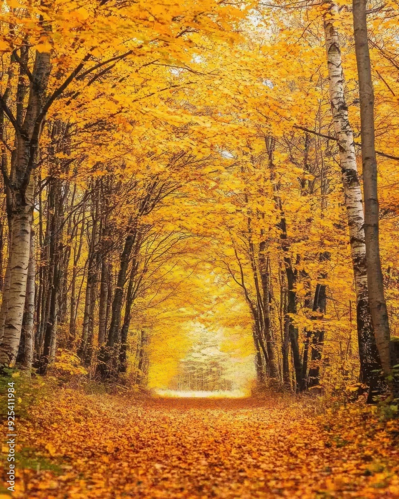Fototapeta premium A golden autumn forest pathway surrounded by tall trees with vivid yellow leaves.
