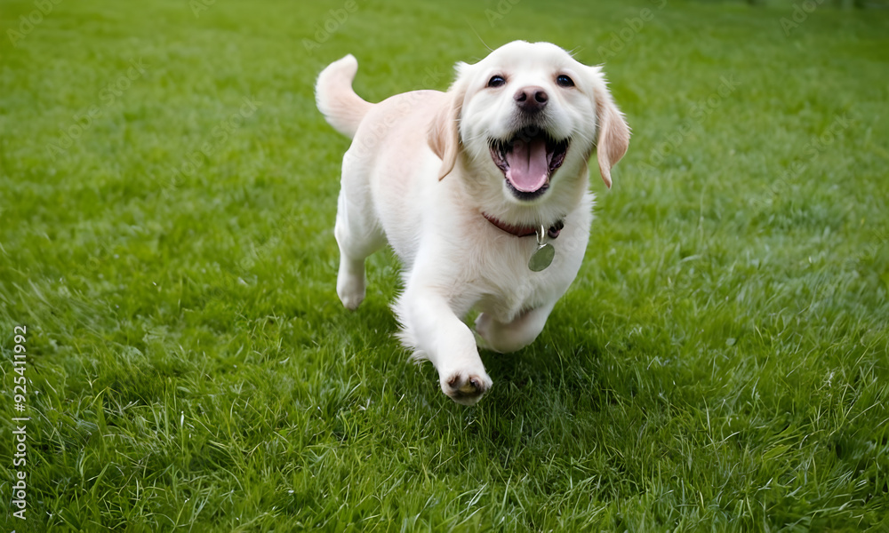 Happy dog running through grass in open field Happy dog running through grass in open field