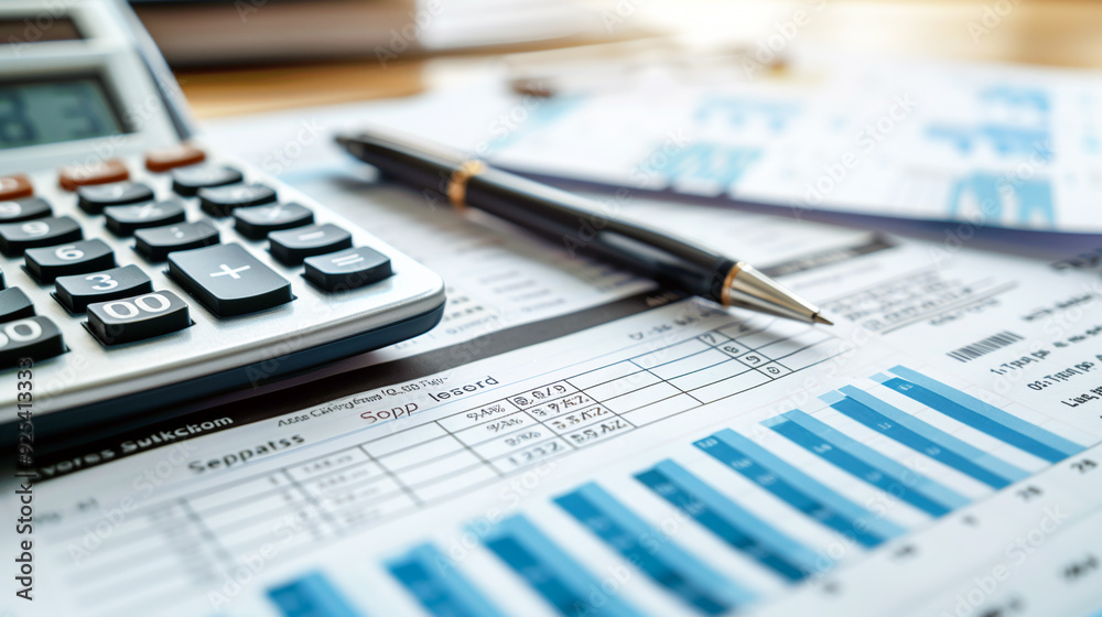 Business Office Concept. Documents, Pen and Calculator on the Table Business Office Concept. Documents, Pen and Calculator on the Table