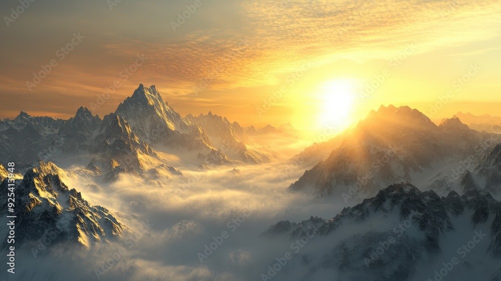 Foggy mountains at dusk with a warm sunset glow Foggy mountains at dusk with a warm sunset glow