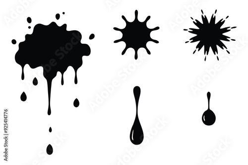 Water drops and splash silhouette collection in simple doodle style. Set different liquid shapes and silhouette. 