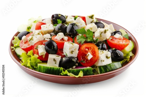 Healthy Mediterranean salad with fresh vegetables, olives and feta cheese, arranged in a vibrant and appetizing manner. Ideal for diet, healthy eating, and culinary inspiration. Generative AI