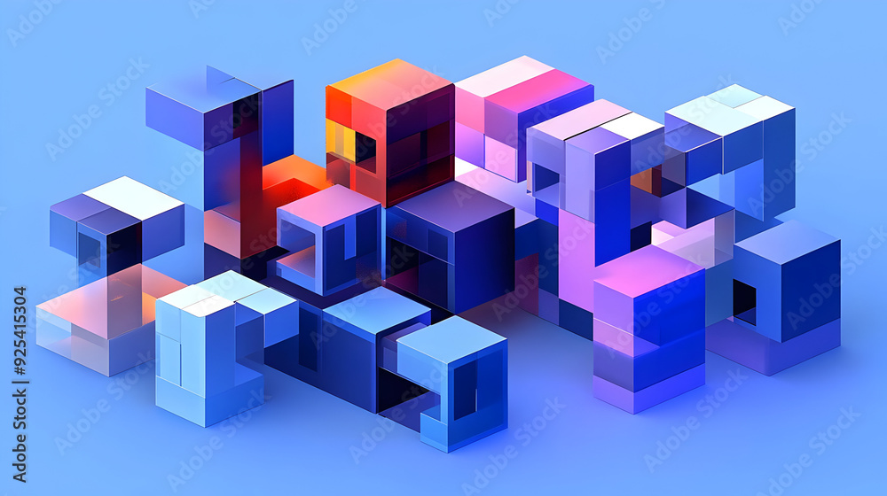 Abstract 3D composition of colorful cubes and blocks against a blue background. Abstract 3D composition of colorful cubes and blocks against a blue background.