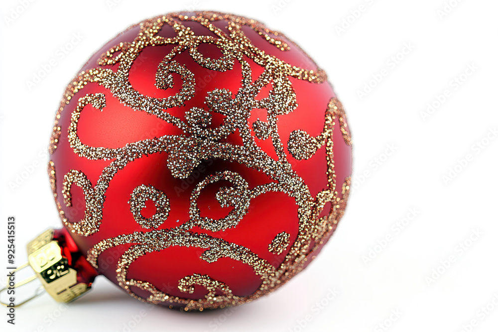 T?tulo: Red Christmas ornament with gold glitter swirls, lying on white background T?tulo: Red Christmas ornament with gold glitter swirls, lying on white background