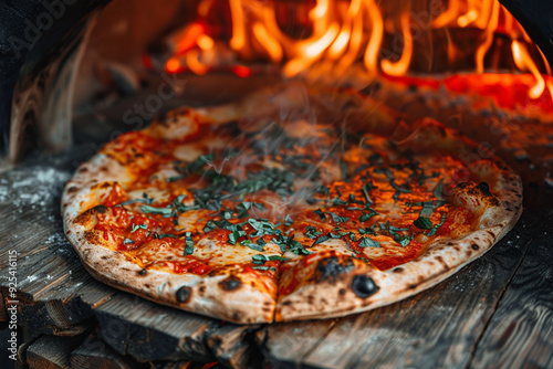 Italian Pizza Baking in a Wood-Fired Oven: Authentic Culinary Tradition photo