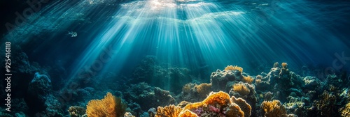 Sunbeams Illuminating Underwater Coral Reef - Sunbeams pierce through the ocean surface, illuminating a vibrant coral reef with diverse species. This image captures the beauty and fragility of underwa photo