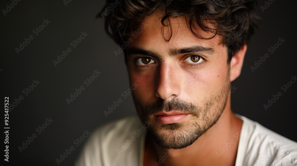 A close-up portrait of a man with a serious expression, featuring intense eyes and a strong jawline, captured in a dark, moody room. A close-up portrait of a man with a serious expression, featuring intense eyes and a strong jawline, captured in a dark, moody room.