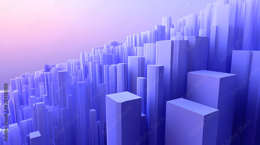 Abstract 3D purple geometric shapes create a futuristic city skyline.