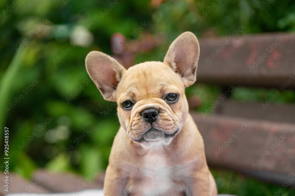 beautiful fawn french bulldog puppy portrait in the garden beautiful fawn french bulldog puppy portrait in the garden