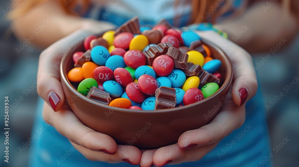 A person holding a bowl brimming with colorful M&M-like candies and small pieces of chocolate, showcasing a delightful assortment of sweet treats in a vibrant mix. A person holding a bowl brimming with colorful M&M-like candies and small pieces of chocolate, showcasing a delightful assortment of sweet treats in a vibrant mix.