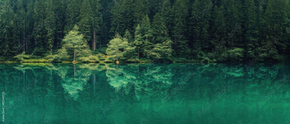 A serene lake reflecting a dense forest under a calm atmosphere. The main colors are green and turquoise. A serene lake reflecting a dense forest under a calm atmosphere. The main colors are green and turquoise.